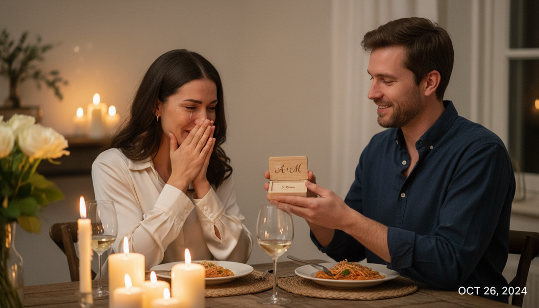 Husband presenting personalized jewelry gift box to wife on anniversary