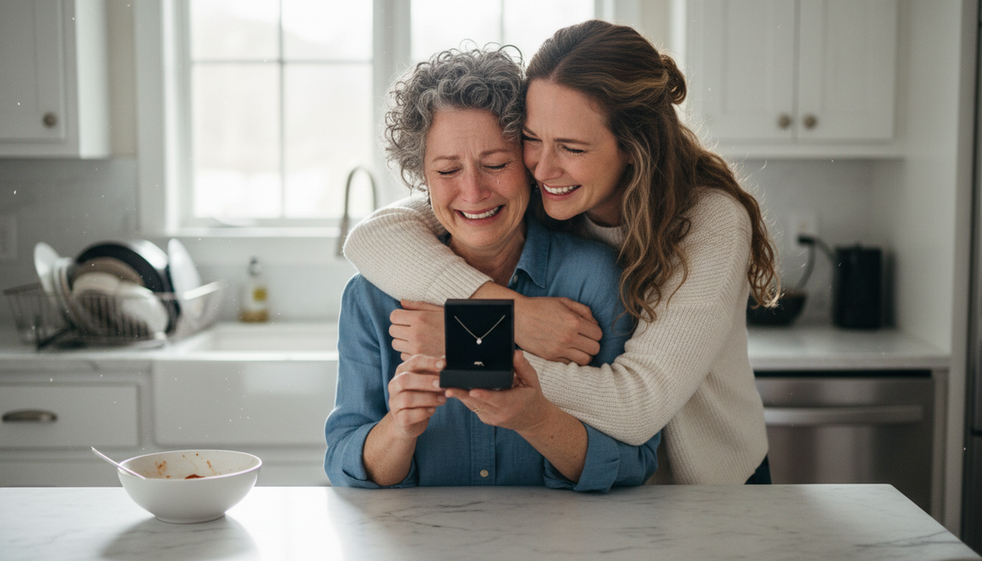 Daughter hugging mom from behind in kitchen as mom opens jewelry gift box, both laughing and crying