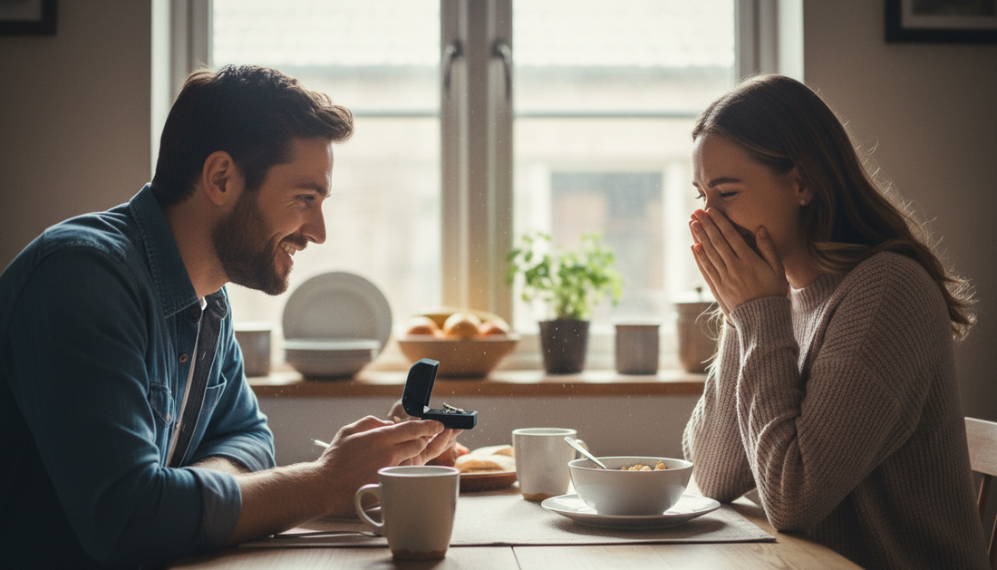 Husband surprising wife with jewelry gift box on her birthday, wife opening it with happy tears