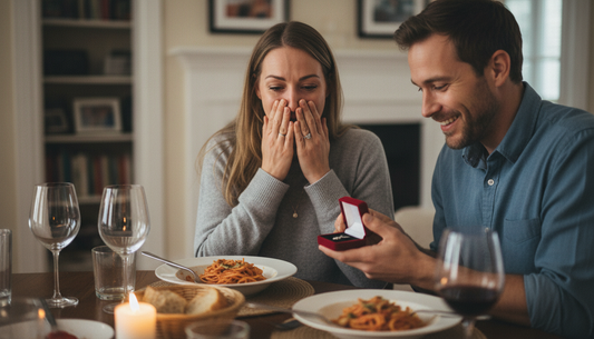 Wife covering her mouth in happy disbelief as husband presents open jewelry gift box at dinner table