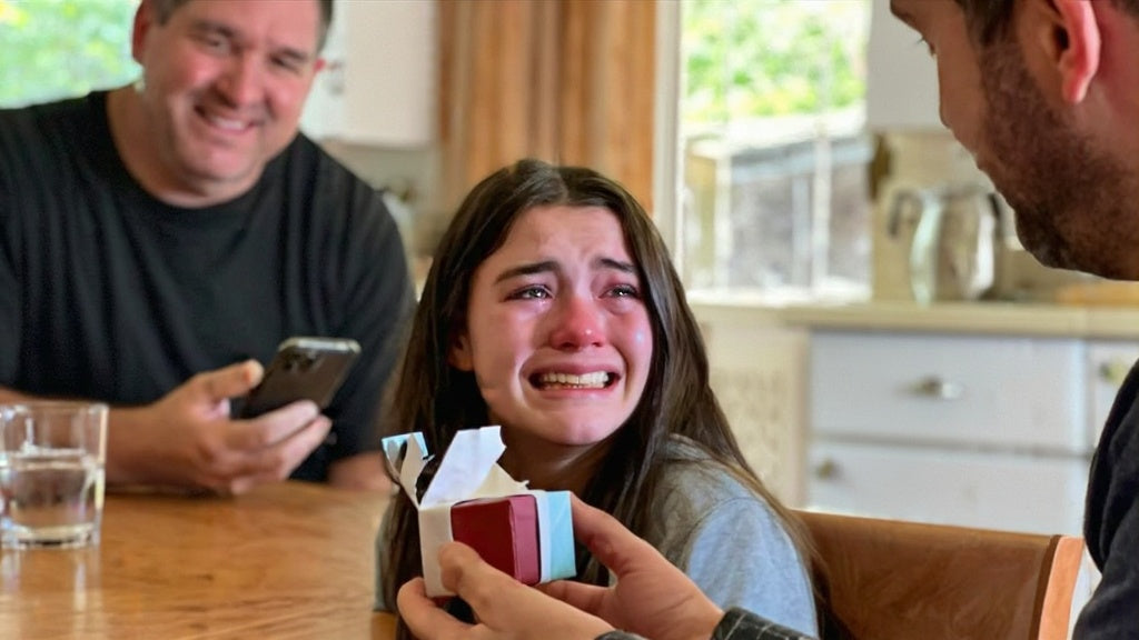 Daughter crying happy tears while opening jewelry gift box at kitchen table with dad