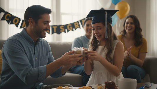 Father giving daughter a jewelry gift box at graduation celebration, candid iPhone photo