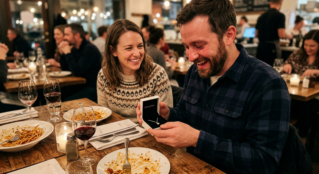 Wife giving husband a meaningful anniversary gift at dinner