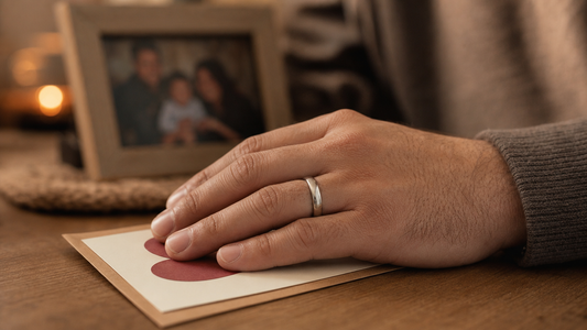 Man's hand wearing a sleek, modern guy promise ring, resting on a sentimental message card, symbolizing a deep commitment.