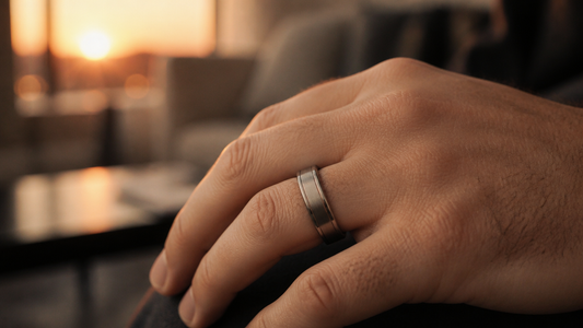 Modern men's engagement ring on a hand, symbolizing commitment and shared love.
