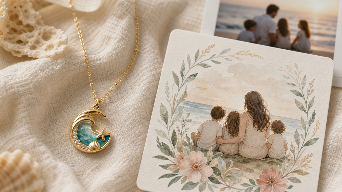 Atolea-style necklace with an ocean-inspired pendant next to a Momavo message card, symbolizing sentimental family gifts.