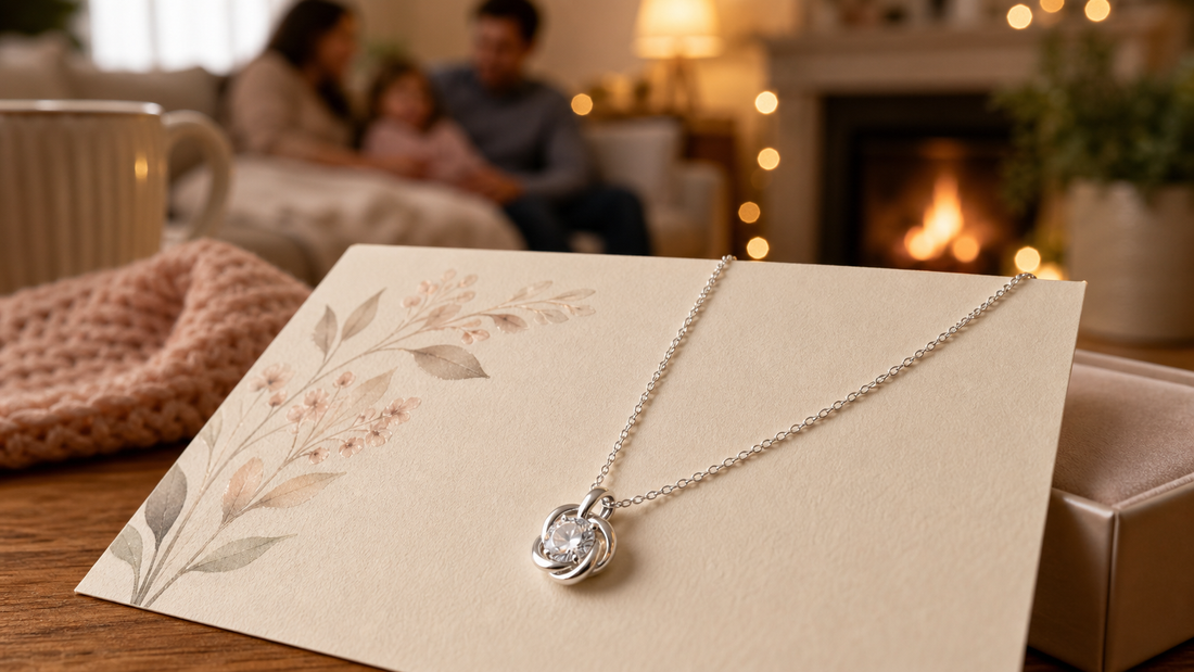 Delicate silver necklace on a heartfelt message card, symbolizing family connection.