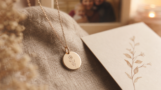 Custom jewelry necklace with a delicate pendant and engraved details, accompanied by a heartfelt message card, representing a meaningful family gift.