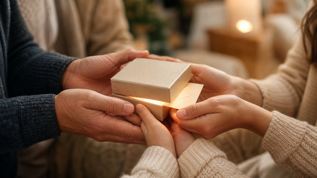 Family hands holding a sentimental jewelry box with a message card, symbolizing unspoken love and connection.