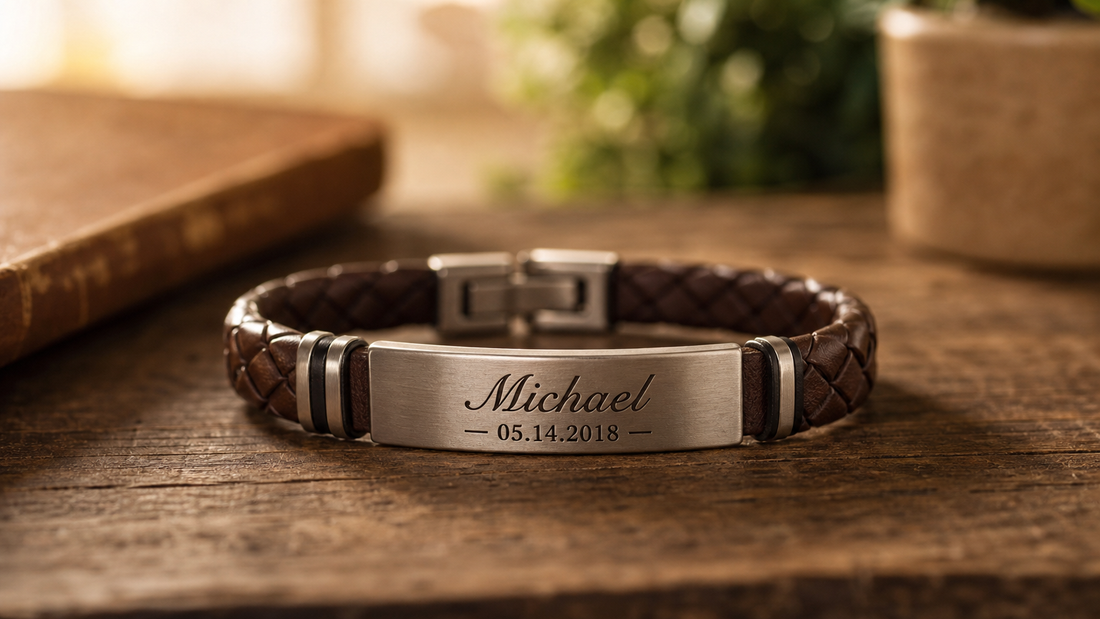 Men's personalized bracelet with subtle engraving on a wooden table, conveying warmth and sentiment.