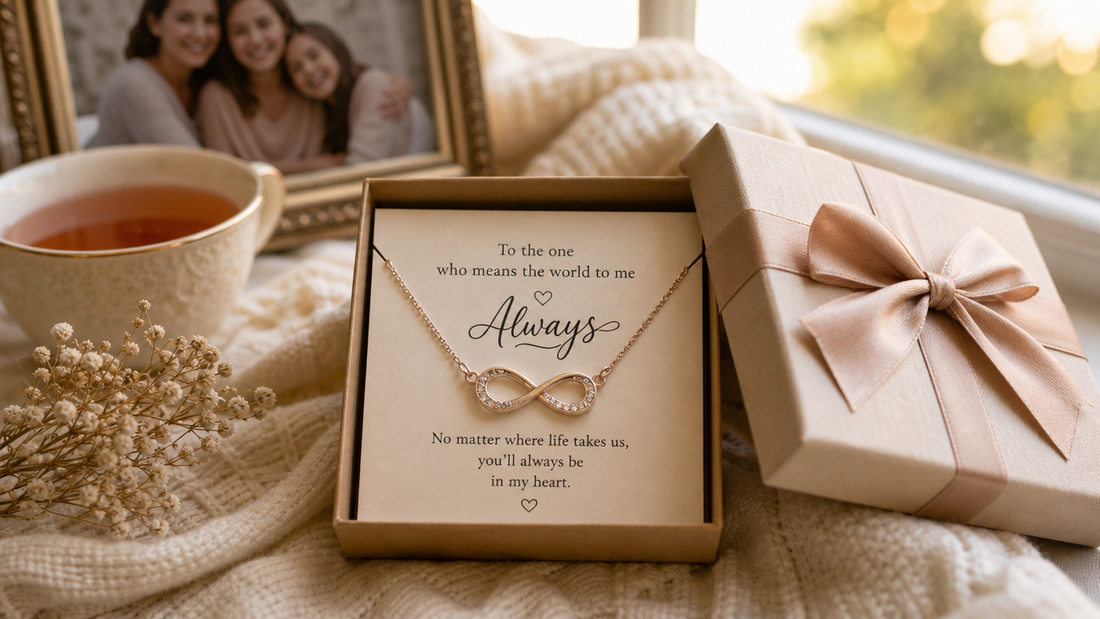 Elegant gift box with a delicate necklace and heartfelt message card, symbolizing unspoken love and family connection.