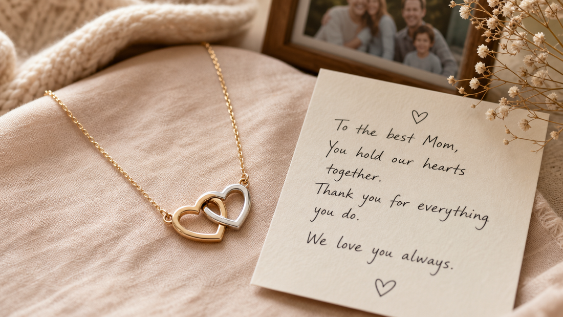 Sentimental interlocking heart necklace for a daughter with a heartfelt message card, representing 'jewelry bonney' and family bonds.