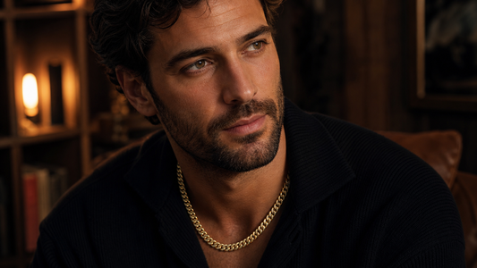 Man wearing a classic gold Cuban link chain necklace, symbolizing strength and connection.