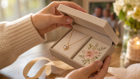 Sentimental jewelry gift with heartfelt message card being opened, symbolizing unspoken love and family connection.