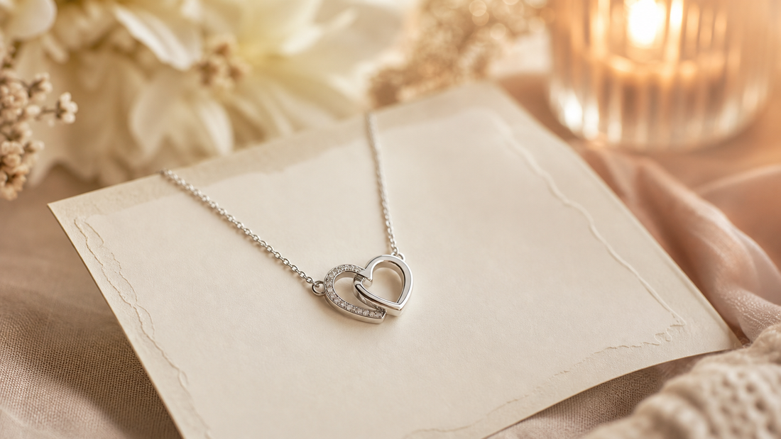 Delicate silver interlocking hearts necklace on a heartfelt message card, symbolizing unspoken love and family connection.