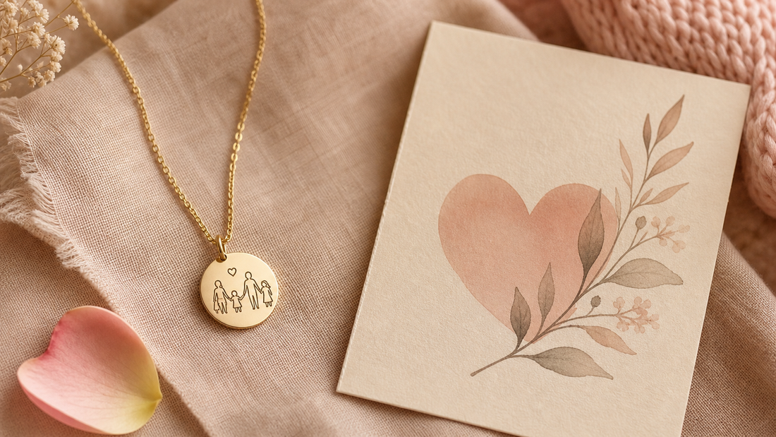 Personalized Mother's Day necklace with engraved charm and heartfelt message card