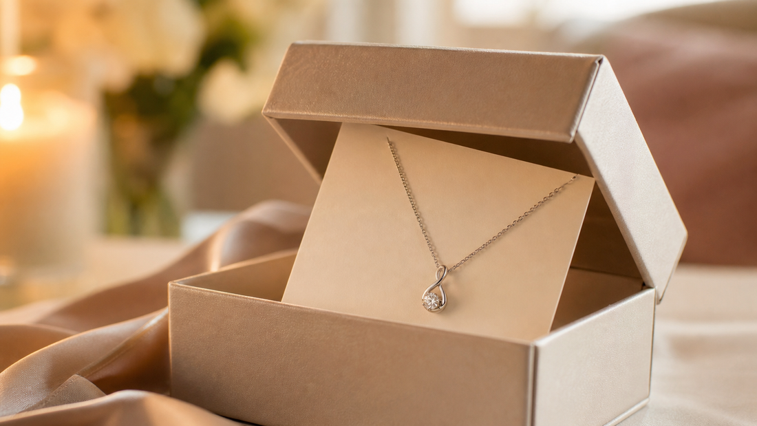 A beautiful silver necklace with a heartfelt message card in an open gift box, symbolizing an unforgettable, sentimental gift.