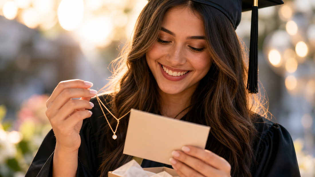 A graduating daughter proudly holding a sentimental Momavo Jewelry necklace and a heartfelt message card, celebrating her achievement.
