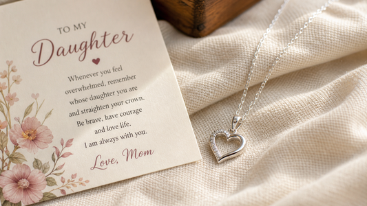 Delicate silver heart necklace on fabric next to a personalized message card, symbolizing love and emotional connection.