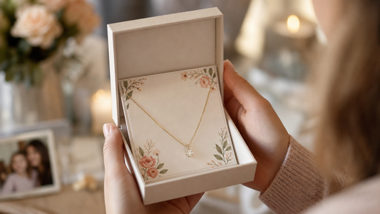 Hands holding a jewelry box with a necklace and a unique gift message card inside, symbolizing heartfelt family connection.