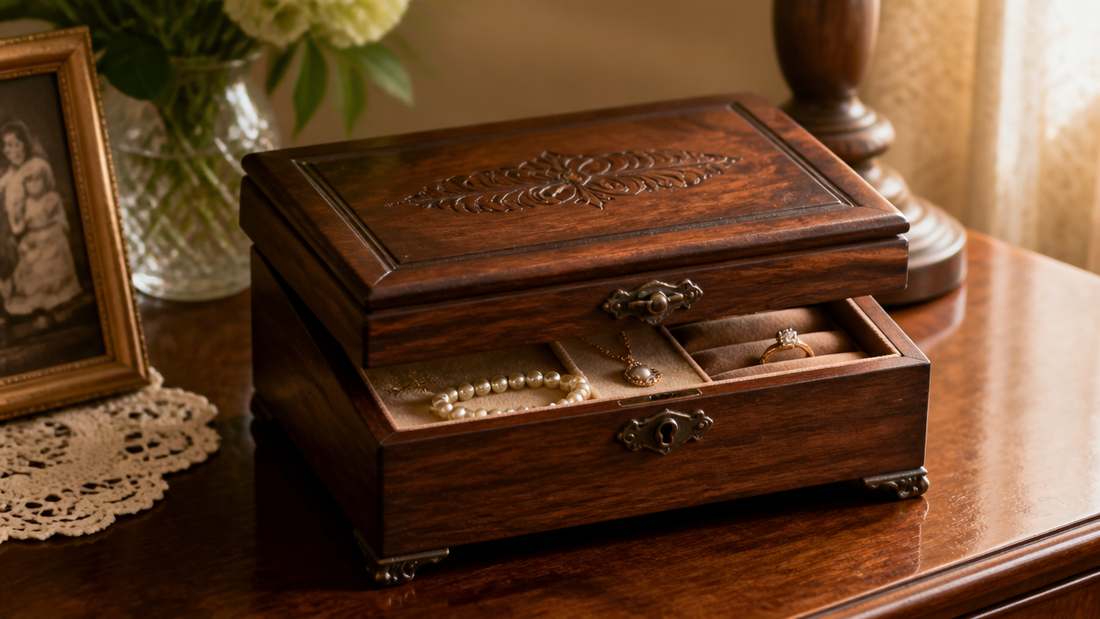 Elegant wooden jewelry box open with sentimental jewelry nestled on velvet
