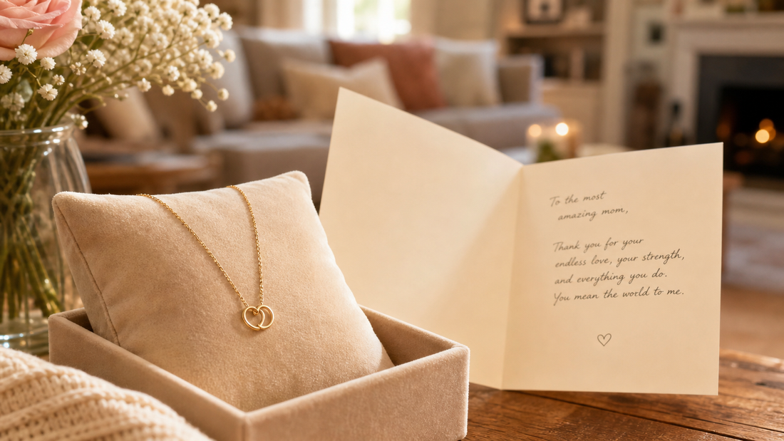 Elegant necklace with an open message card, symbolizing heartfelt gifting and family bonds