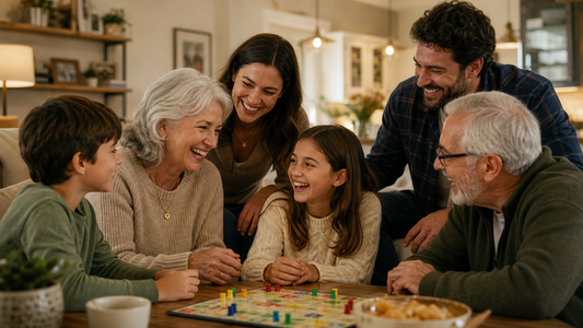 A multi-generational family laughing and connecting, symbolizing strong family bonds and shared meaningful moments.