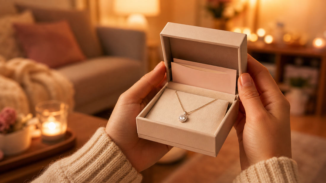Hands holding a sentimental jewelry gift box with a message card, symbolizing heartfelt connection and love.