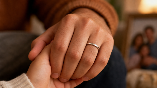 Man wearing a silver promise ring, gently holding a loved one's hand, symbolizing commitment and deep connection.