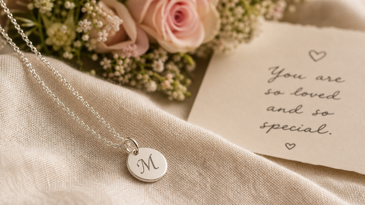 Personalized silver necklace with initial charm and a heartfelt message card for Mother's Day