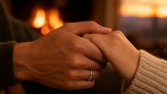 Man wearing a promise ring on his finger, holding hands with his partner, symbolizing commitment and love.