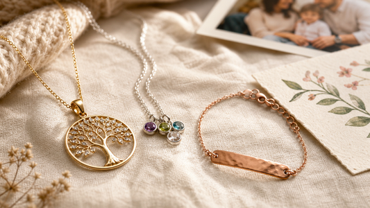 A collection of beautiful family jewelry, including a Tree of Life necklace, birthstone pendant, and engraved bracelet, symbolizing love and connection.