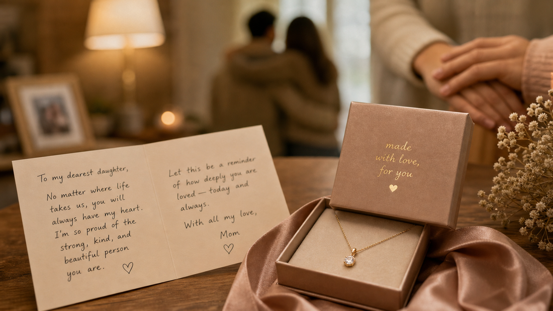 A sentimental necklace in a jewelry box with a handwritten apology message card, symbolizing reconciliation and renewed family bonds.