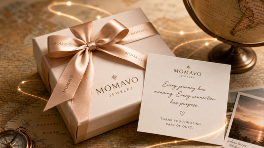 Sentimental Momavo jewelry gift box with message card en route on a journey-themed background
