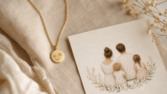 Personalized Mother's Day necklace with an engraved pendant and a heartfelt message card