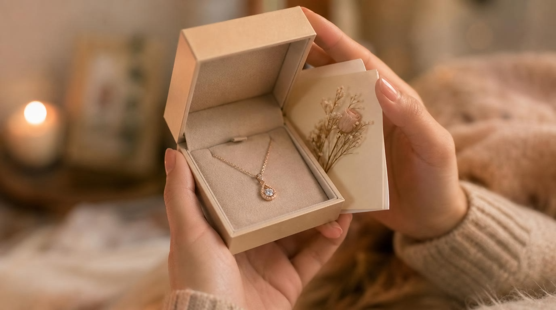 Hands holding an open jewelry box with a sentimental necklace and message card, symbolizing comfort and support during difficult times.