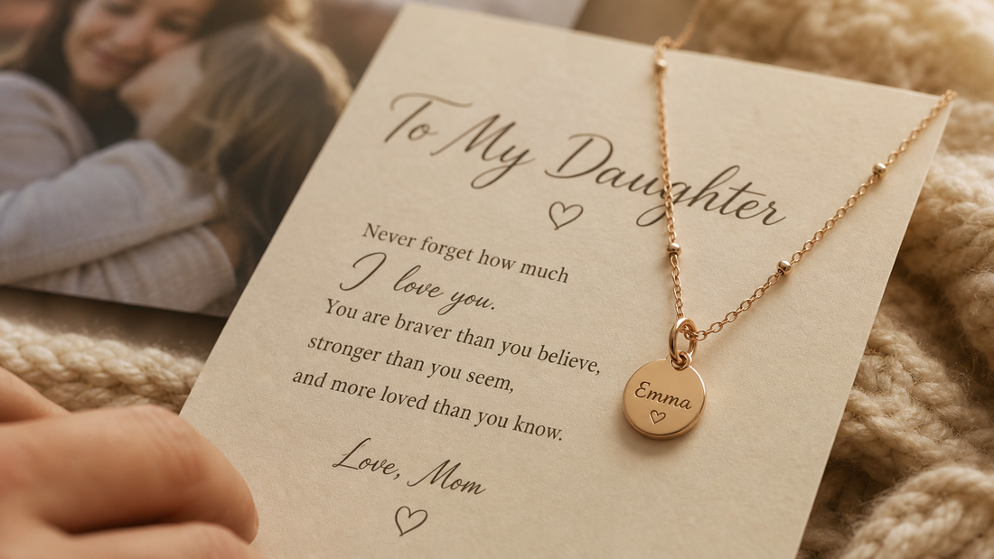 Delicate personalized daughter necklace with a custom engraved charm and a heartfelt message card, symbolizing deep family love.