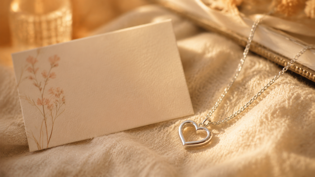 Delicate silver heart necklace with a heartfelt message card, symbolizing unspoken love and connection