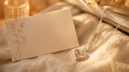 Delicate silver heart necklace with a heartfelt message card, symbolizing unspoken love and connection