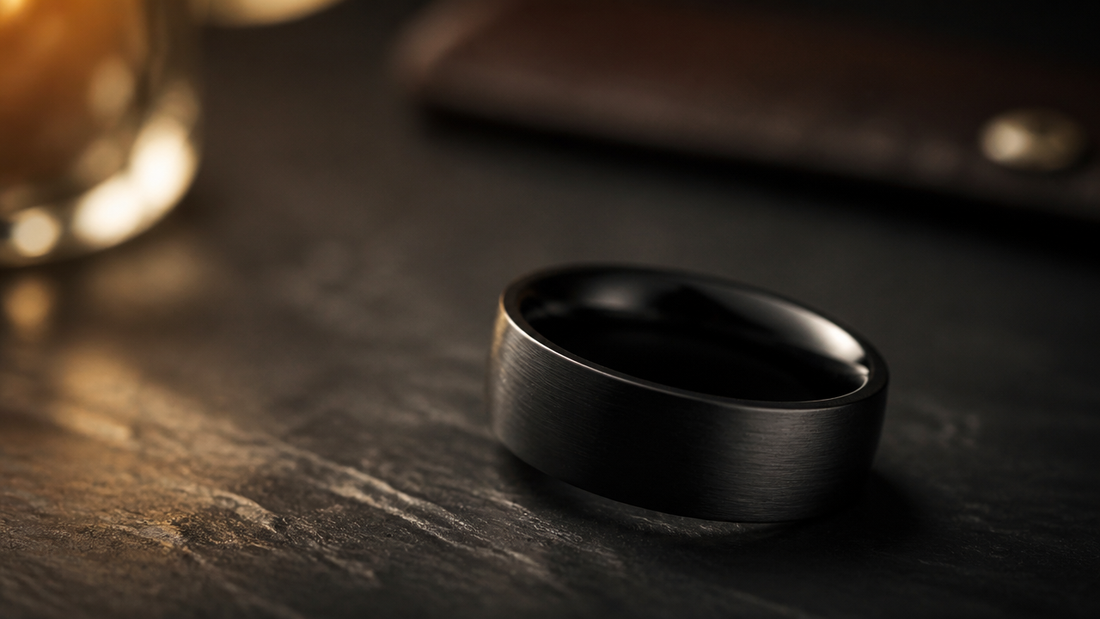 Sleek black wedding band for him on a textured surface