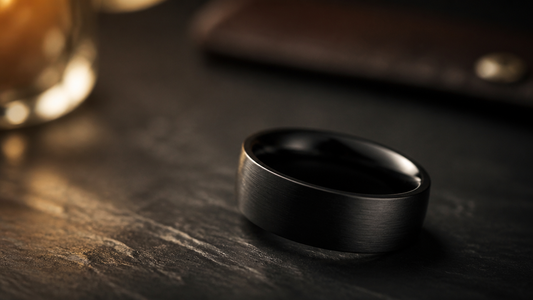 Sleek black wedding band for him on a textured surface