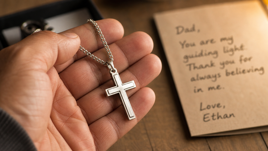 Man holding a silver cross necklace with a sentimental message card