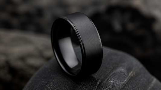 A sleek, black wedding ring for men, symbolizing modern commitment and strength.