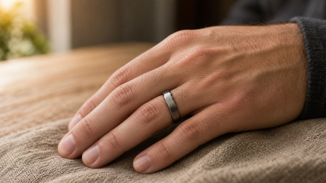 Close-up of a man's hand wearing a promise ring, symbolizing commitment