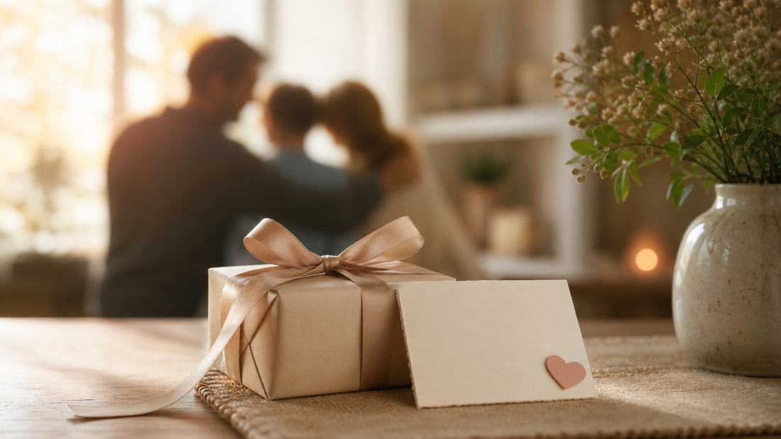 Sentimental gift box with a message card, symbolizing unspoken love and family connection.