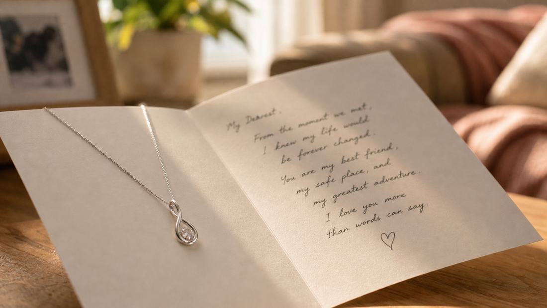 Delicate silver necklace on a heartfelt message card, symbolizing love when words are hard to say