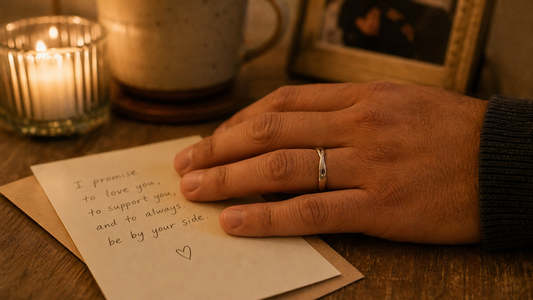 Man wearing a promise ring for him, alongside a heartfelt message card