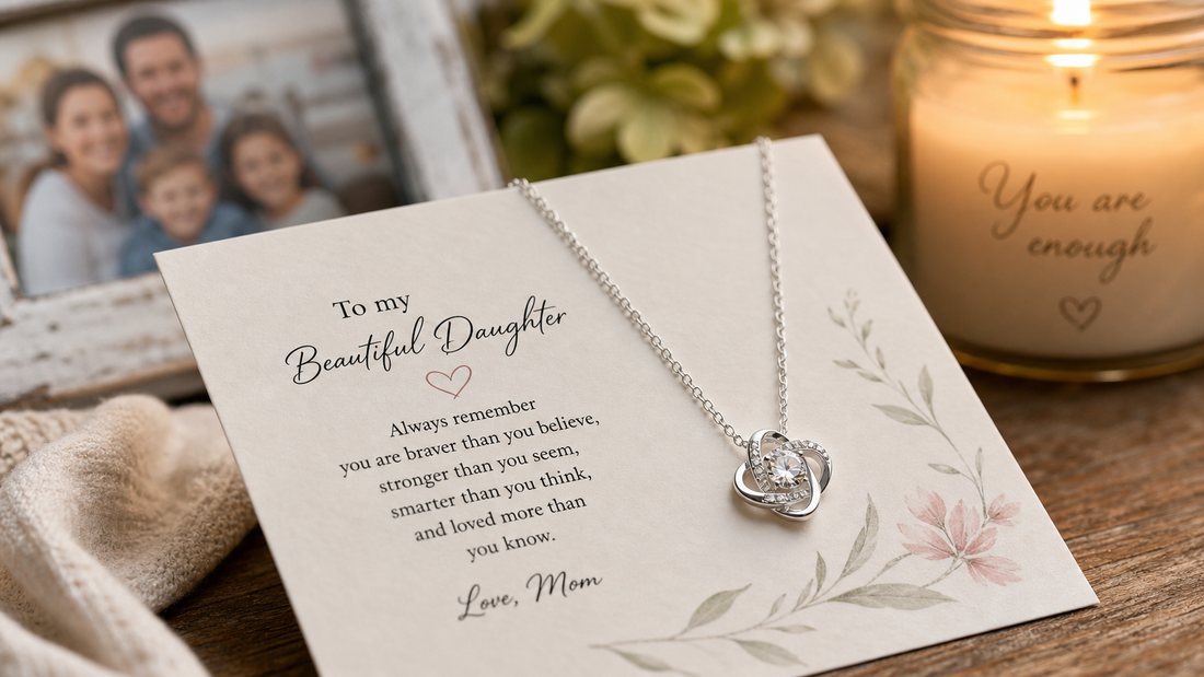 Delicate silver necklace on a sentimental message card, symbolizing meaningful family connection.