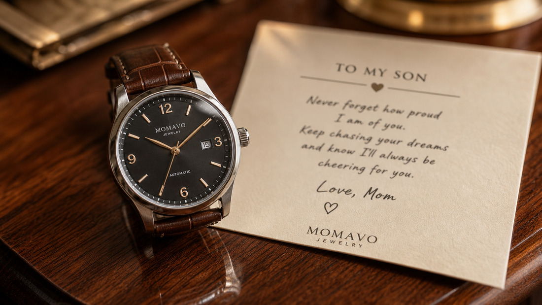 Classic men's watch with a leather strap next to a Momavo Jewelry message card, symbolizing timeless love and connection