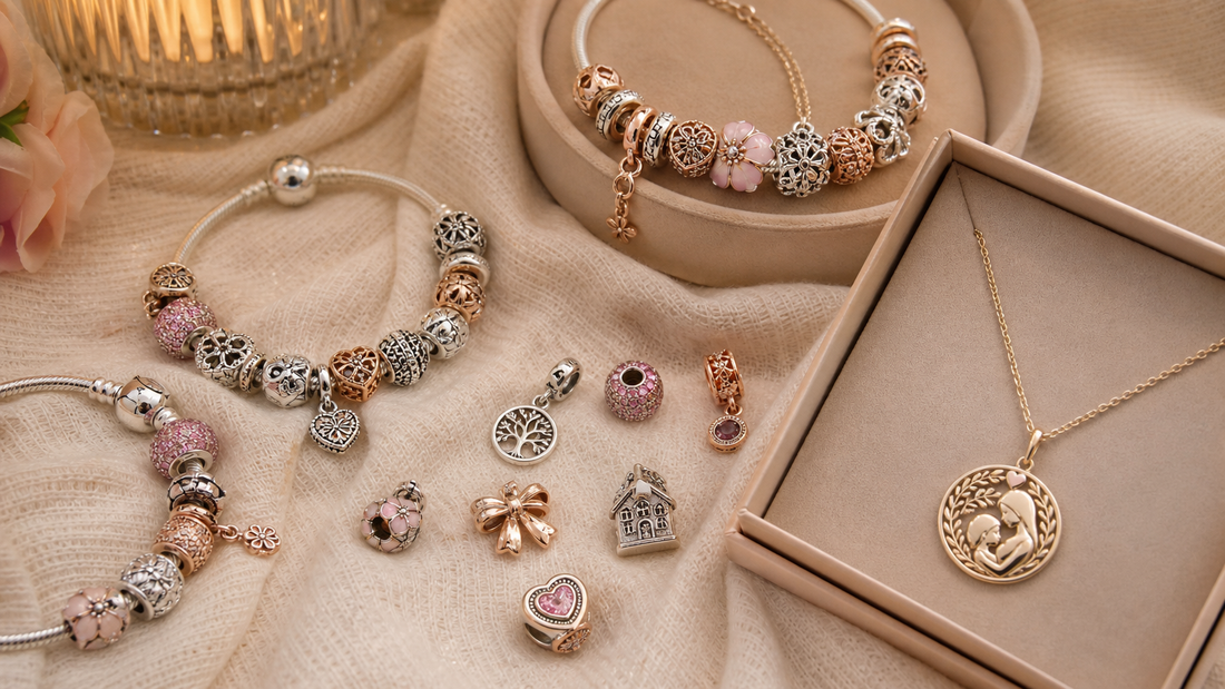 Collection of Pandora charm bracelets and a Momavo message card necklace, symbolizing sentimental family gifts.